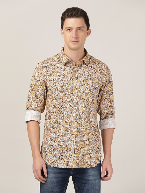 Men's Printed Slim Fit Shirts - Beige Multi Flora Print
