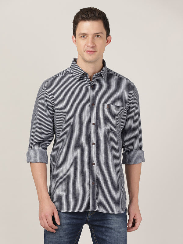 Men's Indigo Lycra Stripe Shirt - Grey White Stripes