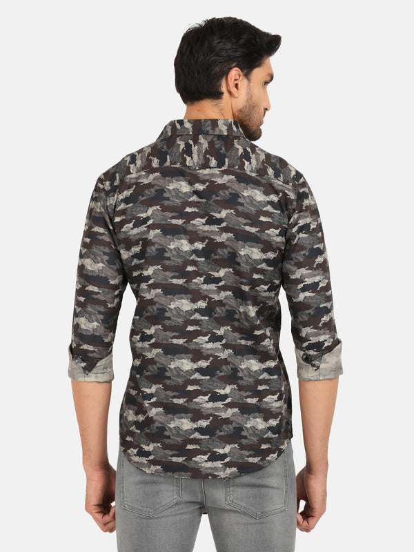 Men's Premium Cotton Printed Slim Fit Shirt - Navy & Brown Camouflage