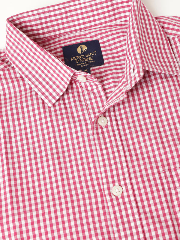 Men's Poplin Regular Slim Fit Shirt -  Red Gingham Checks
