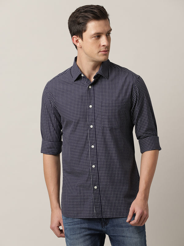 Men's Poplin Regular Slim Fit Shirt - Navy Blue Checks