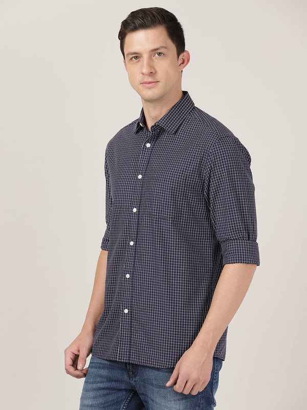 Men's Poplin Regular Slim Fit Shirt - Navy Blue Checks
