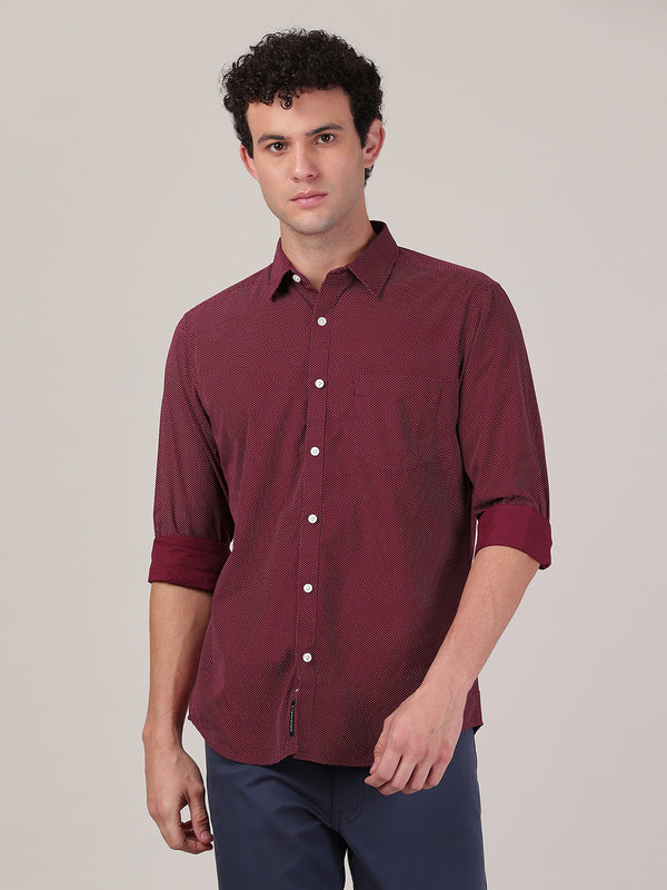 Men's Regular Slim Fit Shirt - Red Wine with Polka Dot Print (Full Sleeves)