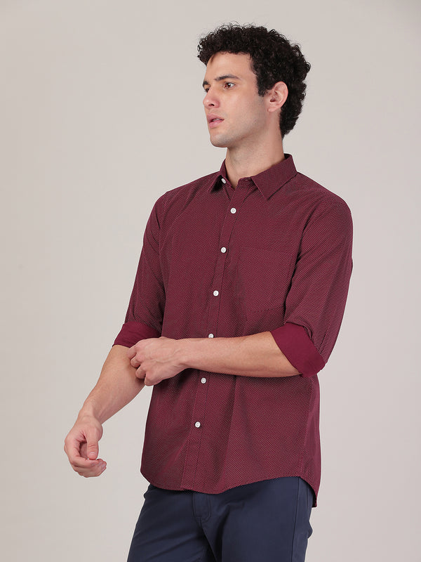 Men's Regular Slim Fit Shirt - Red Wine with Polka Dot Print (Full Sleeves)