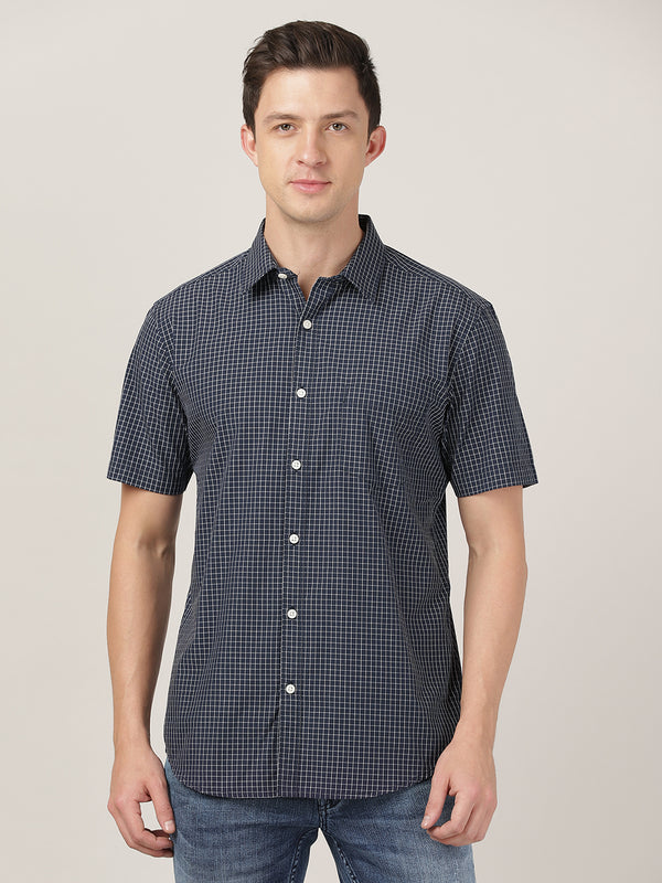 Men's Poplin Regular Slim Fit Shirt - Navy Blue Checks ( Half Sleeves)