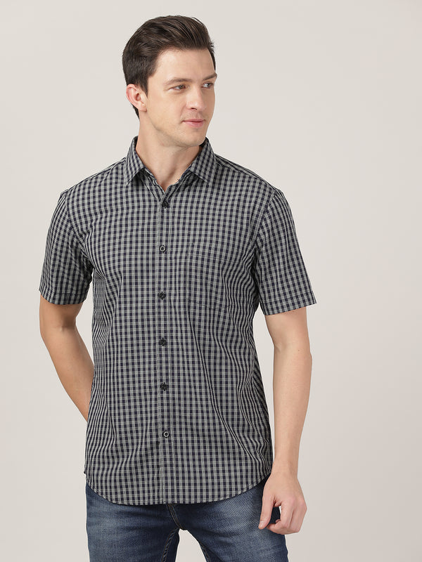 Men's Regular Poplin Slim Fit Shirt - Black Checks (Half Sleeves)