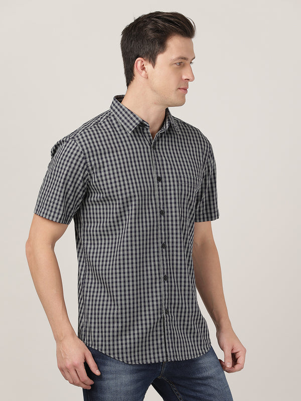 Men's Regular Poplin Slim Fit Shirt - Black Checks (Half Sleeves)