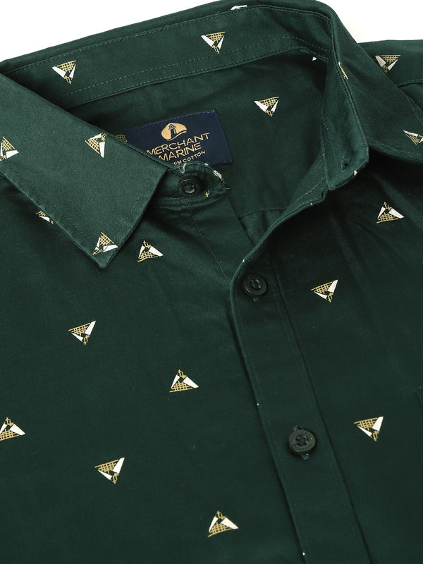 Men's Regular Slim Fit Half Sleeve Shirt - Dark Green with Pyramid Print