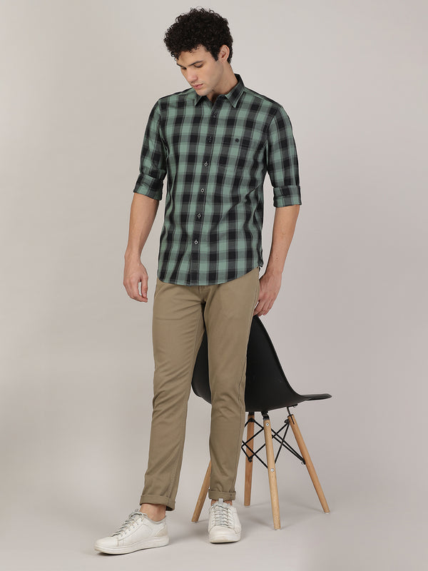 Men's Regular Slim Fit Twill Shirt - Moss Green & Black