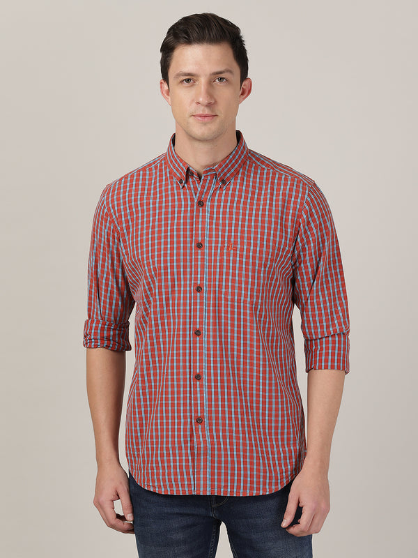 Men's Cotton Slim Fit Check Shirt  - Red & Aquarius Blue