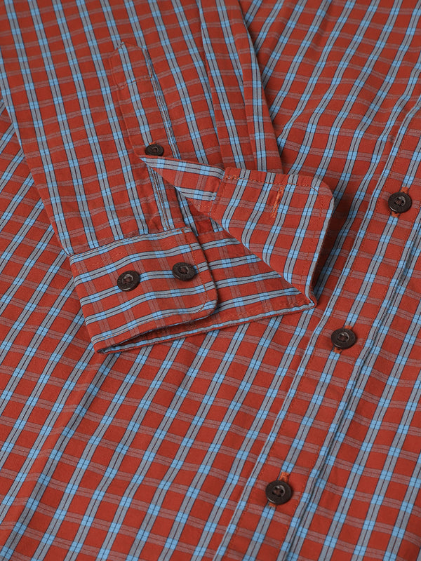 Men's Cotton Slim Fit Check Shirt  - Red & Aquarius Blue