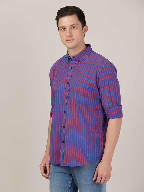 Men's Cotton Slim Fit Check Shirt  - Imperial Blue & Red