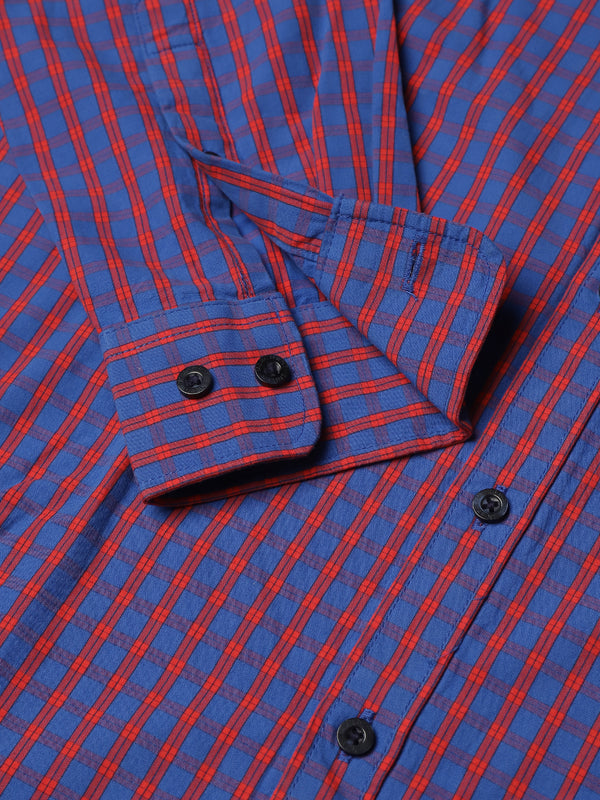 Men's Cotton Slim Fit Check Shirt  - Imperial Blue & Red