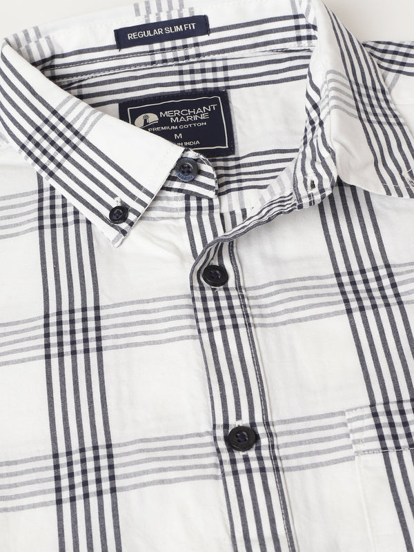 Men's Cotton Slim Fit Check Shirt - White & Phantom