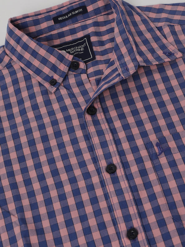 Men's Cotton Slim Fit Check Shirt - Sailor Blue & Rose Tan
