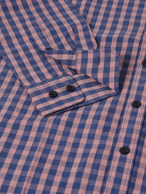 Men's Cotton Slim Fit Check Shirt - Sailor Blue & Rose Tan