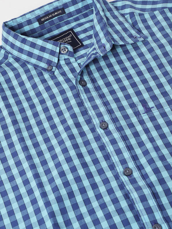 Men's Cotton Slim Fit Check Shirt  - Sailor & Atom Blue