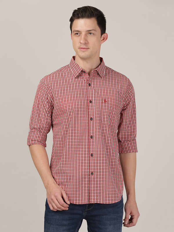 Men's Cotton Slim Fit Check Shirt -  Hot Red & White