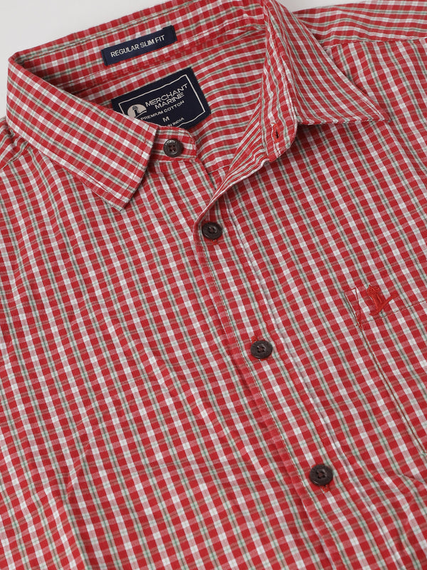 Men's Cotton Slim Fit Check Shirt -  Hot Red & White