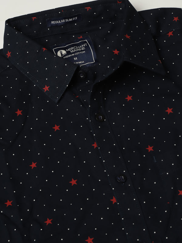 Men's Half Sleeves Slim Fit Shirt - Black with Printed Red Stars