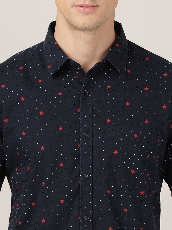 Men's Half Sleeves Slim Fit Shirt - Black with Printed Red Stars