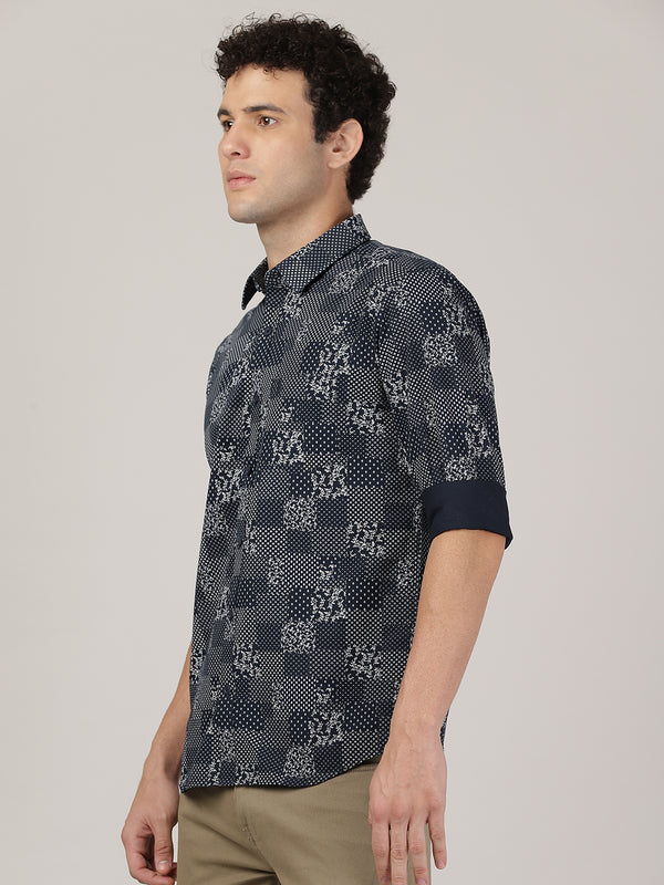 Men's Premium Cotton Printed Slim Fit Shirt - Navy Flora