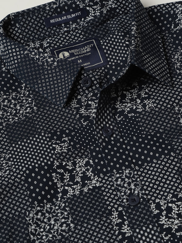 Men's Premium Cotton Printed Slim Fit Shirt - Navy Flora