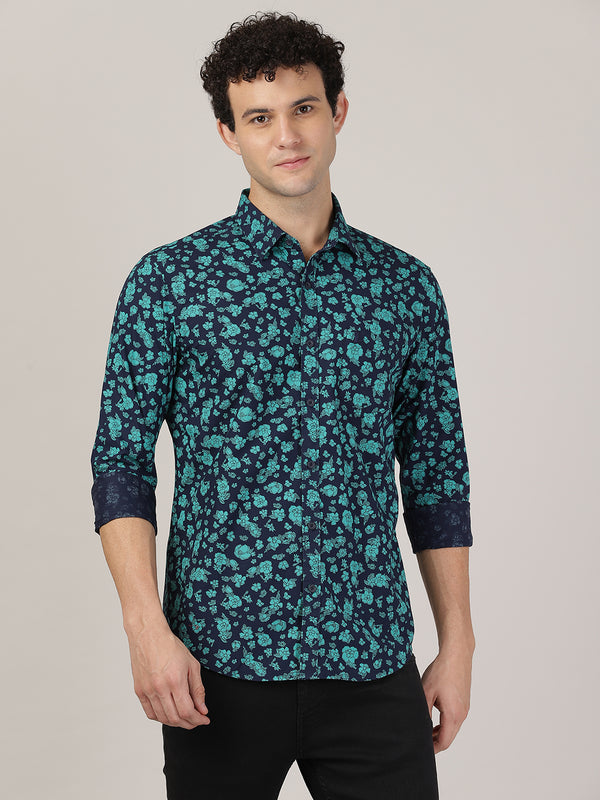 Men's Premium Cotton Printed Slim Fit Shirts - Spectra Navy Floral