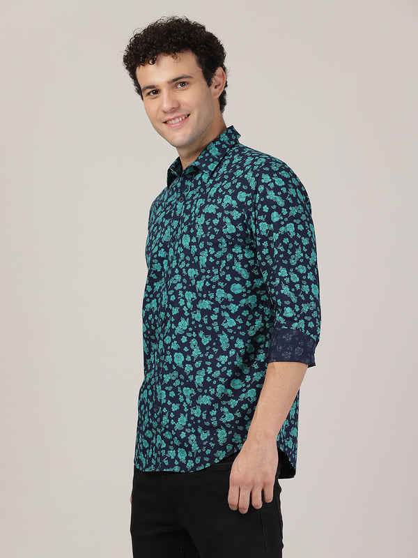 Men's Premium Cotton Printed Slim Fit Shirts - Spectra Navy Floral