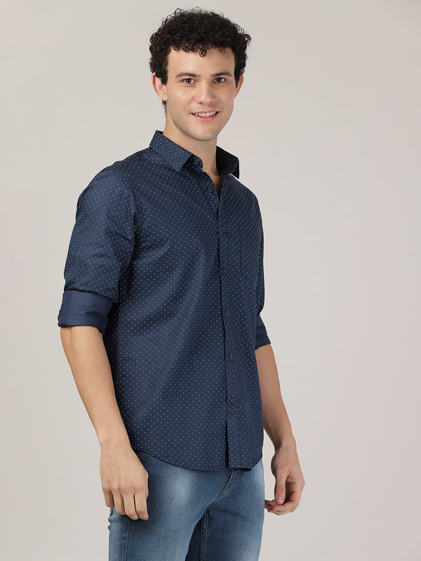 Men's Premium Cotton Printed Slim Fit Shirts - Navy Grain