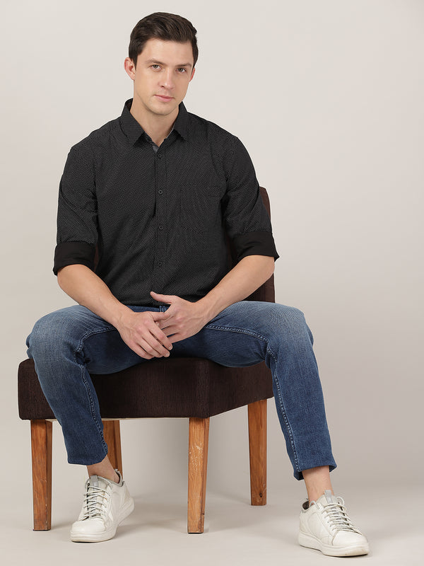 Men's Premium Cotton Printed Slim Fit Shirt - Black Polka Dot