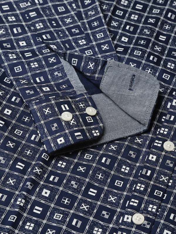 Men's Premium Cotton Printed Slim Fit Shirts - Navy Geometric