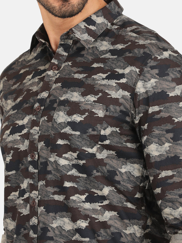 Men's Premium Cotton Printed Slim Fit Shirt - Navy & Brown Camouflage