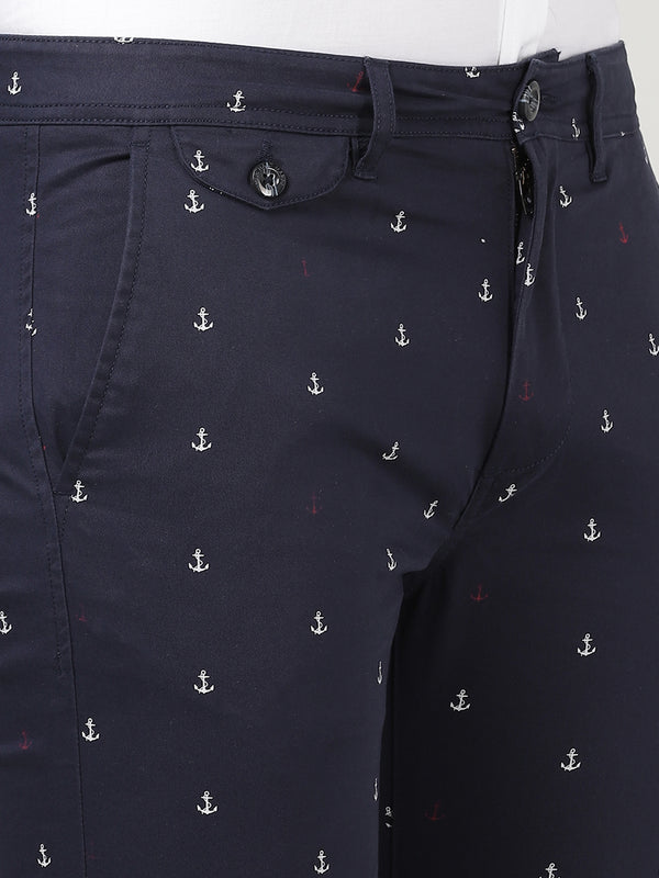 Men's Slim Fit Chino Pant - Navy Blue & Anchor Print